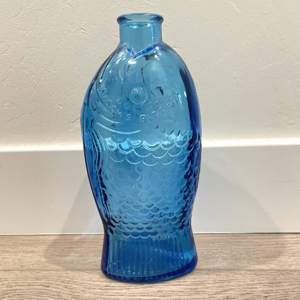 Vintage Wheaton Blue Glass Fish Shape Bottle Dr. Fisch's Bitters Millville 7.5"